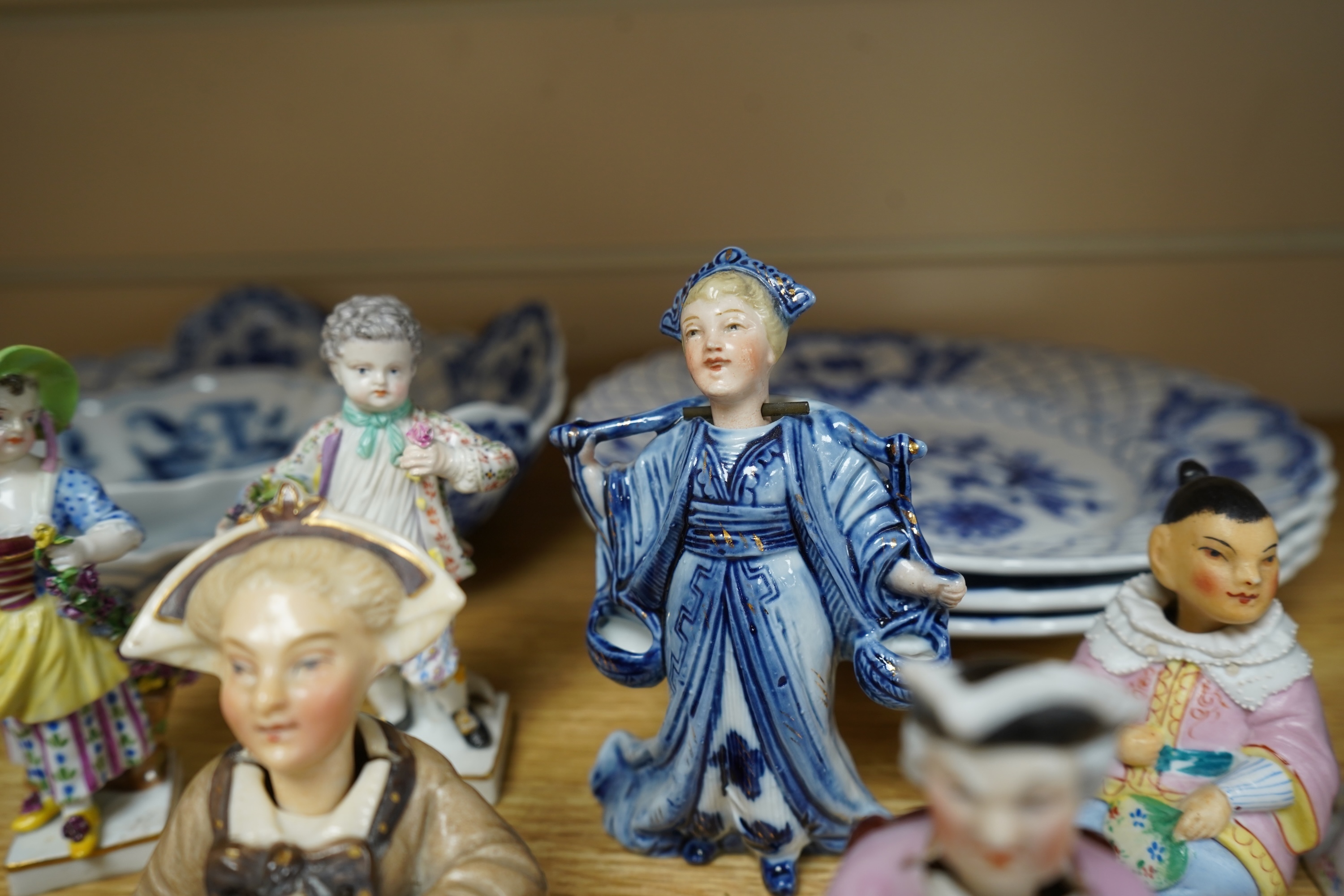 A collection of Meissen style blue and white china and various of nodding figures etc. largest item dish 21cm diameter